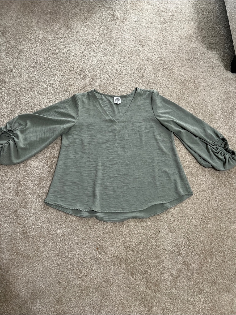 ivy jane Sage Green V-Neck Blouse with Ruched Balloon Sleeves